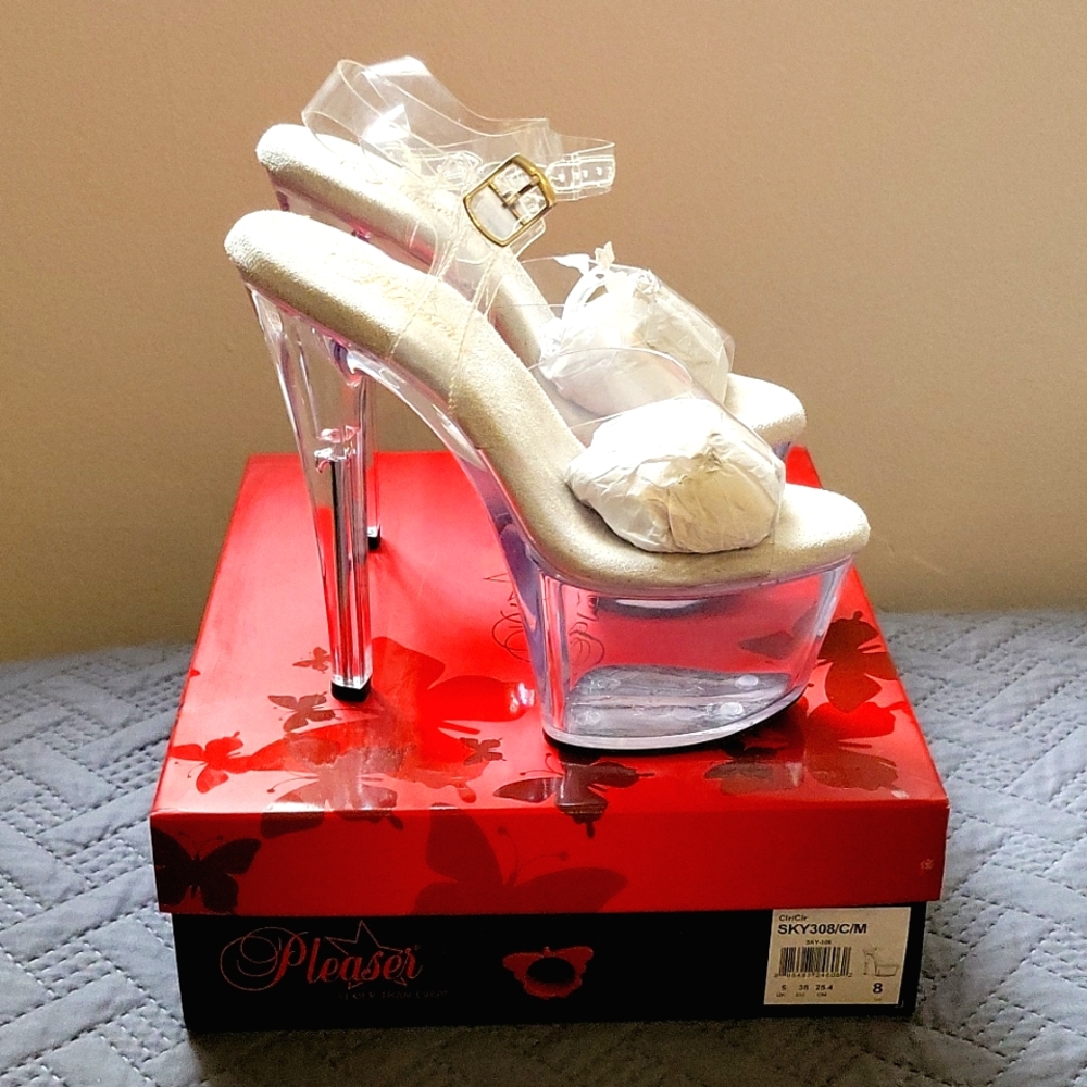 Pleaser Sky 308 clear Platform Heels, Women Size US 8.